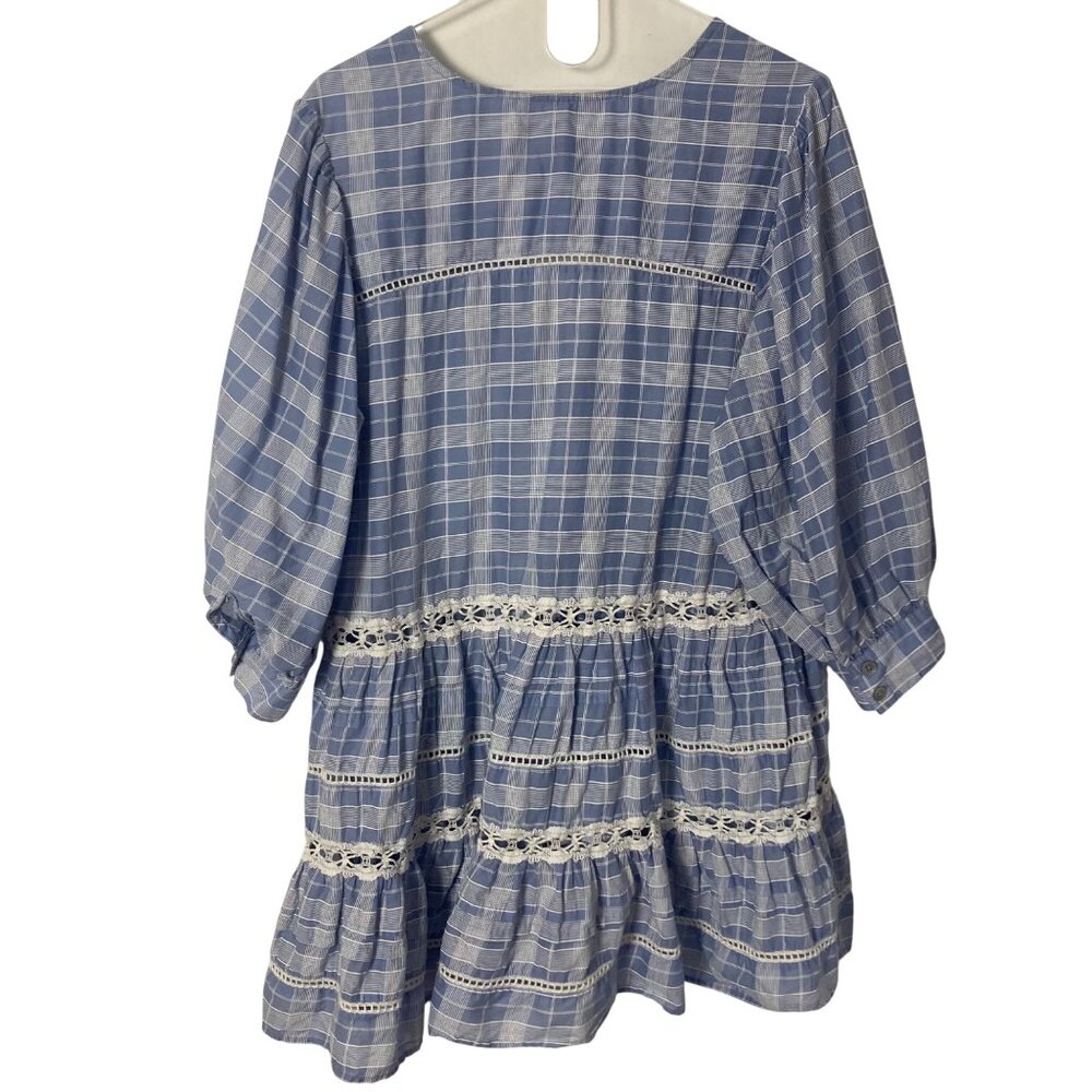 Free People Blue Plaid Tunic Womens Medium Boho Prairie Peasant Plaid Milkmaid - Picture 7 of 8